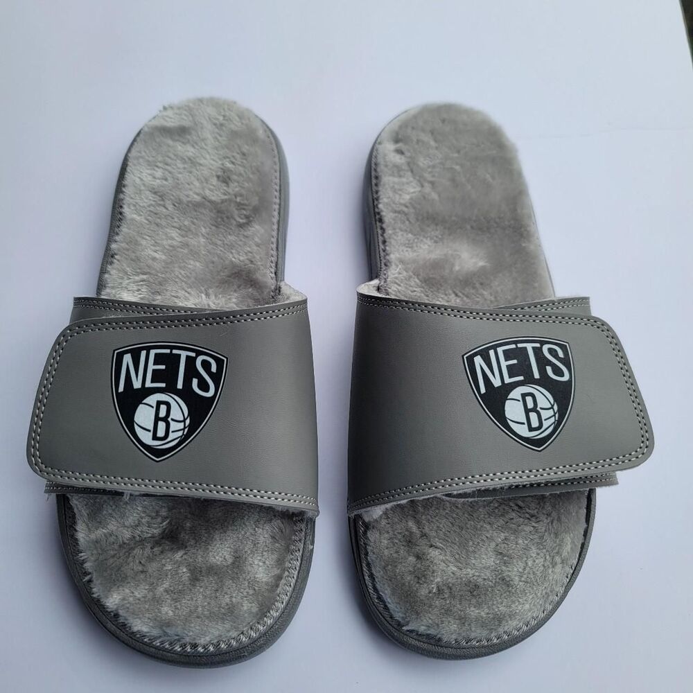 New Men's NBA Brooklyn Nets Slides Size 10 With Premium Fur Soles Made By iSlide